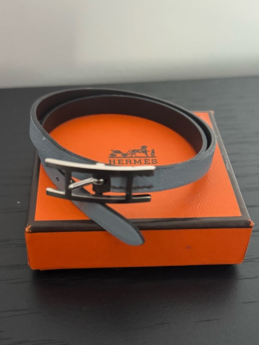 Hermès Swift Behapi Double Tour Bracelet Bleu Lin Chocolate